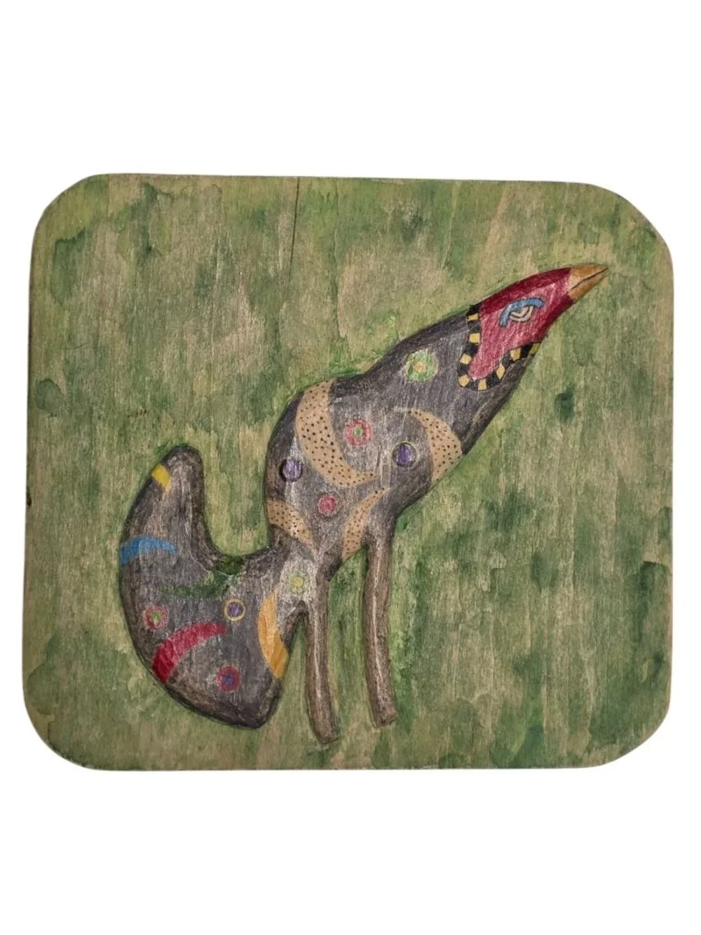 Vintage Handmade Folk Art Fox Wood Plaque Hand Carved Woodburned Painted Wall Ar